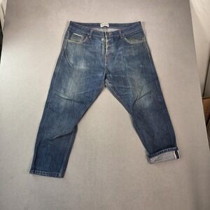 Selvedge Jeans Mens Blue Relaxed Tapered Button Stronghold 13" Rise Fits 36x25